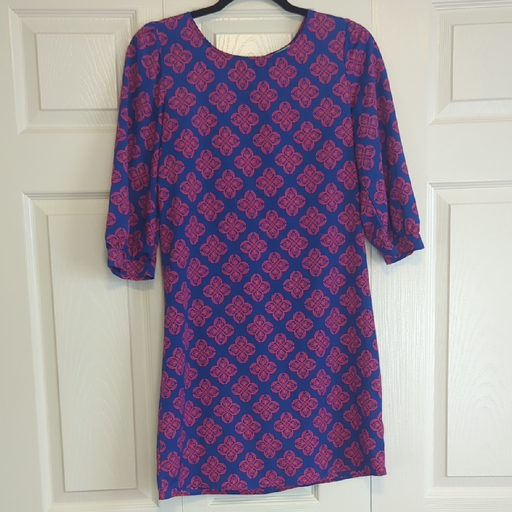 Karlie Vintage Floral Long Sleeve Dress in Blue and Orange Retro